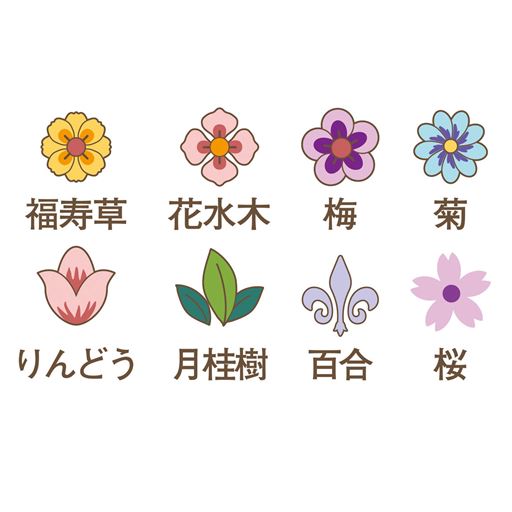梅やハナミズキ、菊など8種の草花が咲き乱れる「百花繚乱」柄とともに、神秘的で縁起の良い鳥とされるふくろうの家族を愛らしい姿に描きました。