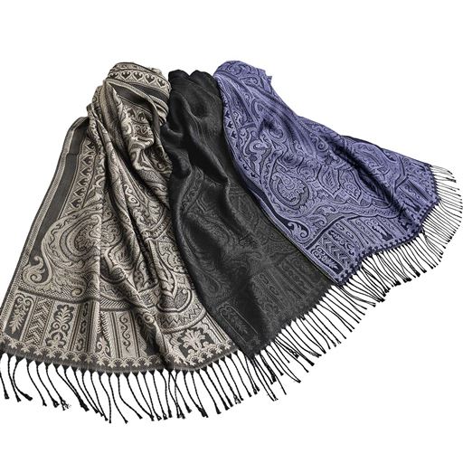 (左から)A(黒×ベージュ)、ブラック、B(黒×パープル)<br>しなやかな質感のシルク100%ストール