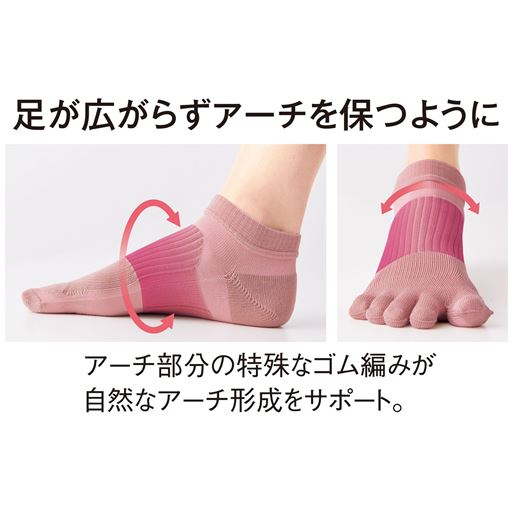 アーチ部分の特殊なゴム編みが自然なアーチ形成をサポート。