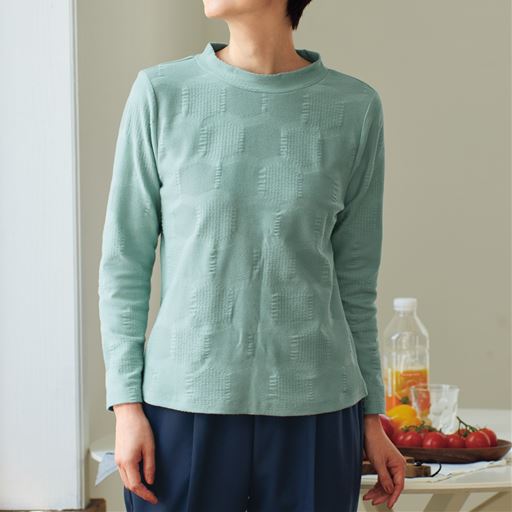 日本製 コットンジャカードハイネックプルオーバー スモークブルー