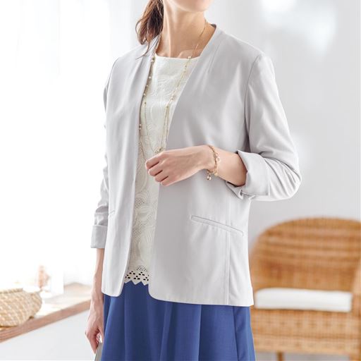 麻調ジャージノーカラージャケット(接触冷感・UVカット・洗濯機OK・シワになりにくい)