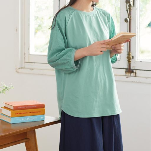 袖レースチュニック(リブ以外綿100%・洗濯機OK)