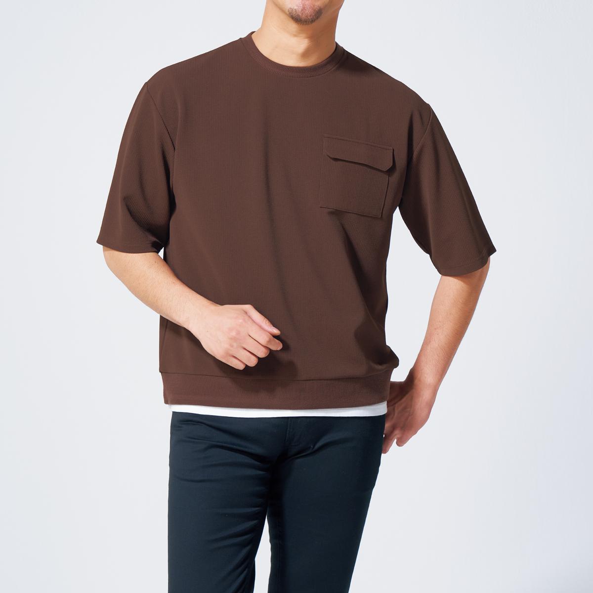 ジャカード素材胸ポケット付きTシャツ(セットアップ可) - ファッション