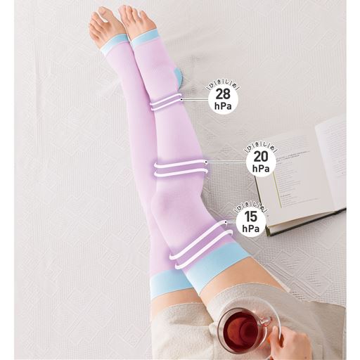 【シリーズ累計販売足数63万足突破!(2025年8月末現在)】はいて寝るだけ!翌朝、脚スッキリの目覚め♪おやすみ着圧ソックス「アシスキットR」太ももまでのニーハイタイプ。段階着圧設計でしっかり引き締め。ブルーラベンダーC(スーパーハードタイプ)着用例