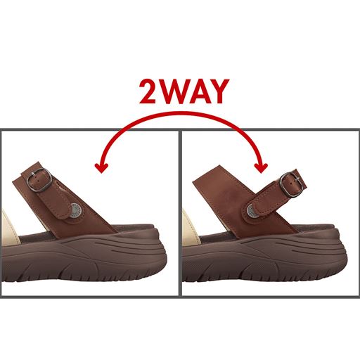 2WAY バックベルトを前後に動かせる2WAY仕様。バックルの内側にゴムを配し、脱ぎ履きしやすい。
