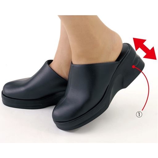 ブラックB(前閉じ) <br>ヒールの高さを感じさせない安定感でラク<br>(1)クッション性のよい厚底タイプ