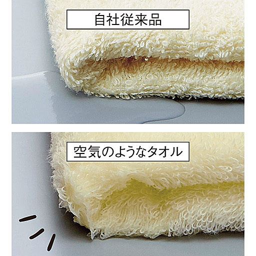 無撚糸で作ったタオルは、触れた瞬間スッと水を吸収。