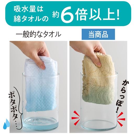 同じ重さの綿100%タオルと比較して、60秒後では約6倍以上の吸水量。ドライヤー時間が短くなり、髪へのダメージも軽減します。 ※それぞれに500mlの水を含ませて比較