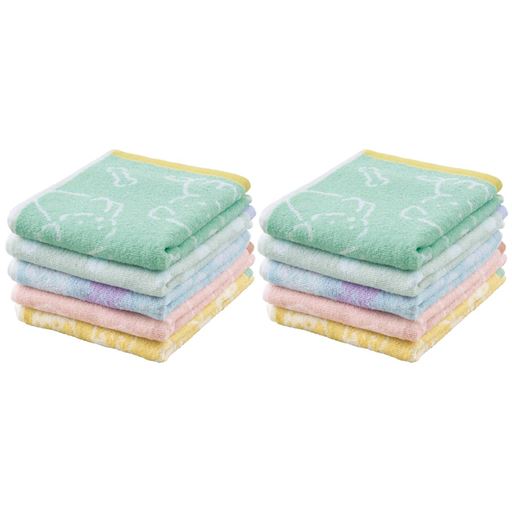 フェイスタオルは10枚組(5柄×各2枚)でお届け。