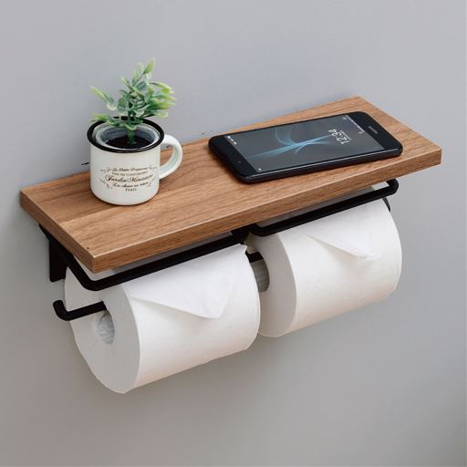 ダークブラウン(ダブル)<br>ちょっとしたスペースが簡単に作れる! 棚付きトイレットペーパーホルダーです。