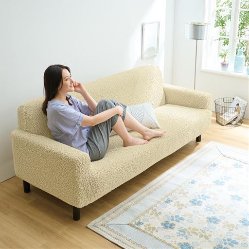 アイボリー 肘ありL (3人掛け用)<br>凹凸のある生地で肌ばなれがよく、暑い季節も快適。