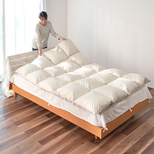 使い方(1)<br>布団カバーを広げてその上に布団を敷きます。