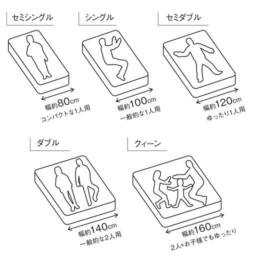住宅事情に合わせ、様々なサイズがある寝具。綿100%ツイルシリーズなら、店頭では手に入りにくいサイズもご用意できます。 ※敷き布団カバーはシングル～クィーンの4サイズ展開です。
