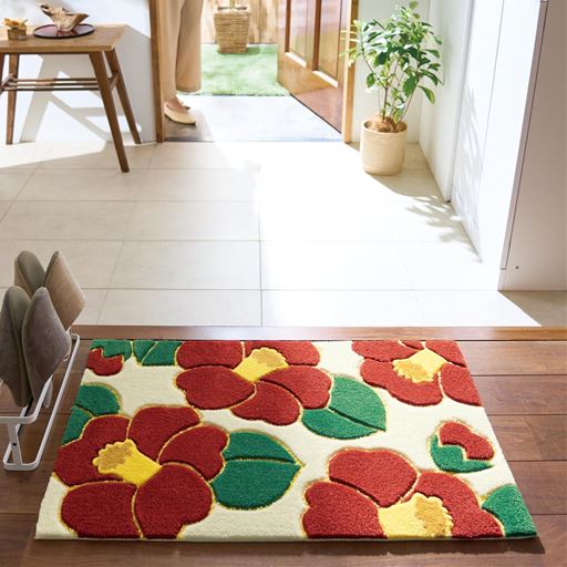 レッド(椿) 横85×縦55cm<br>明るく大きな花柄でお客様をお出迎え! フラワー玄関マットです。