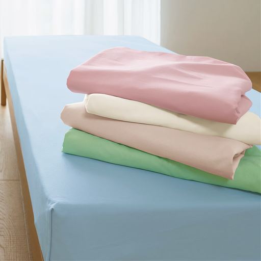 (上から)ピンク・ホワイト・ベージュ・グリーン・ブルー(ボックスシーツ)<br>しっかり肉厚、丈夫で使いやすい平織りシーツです。