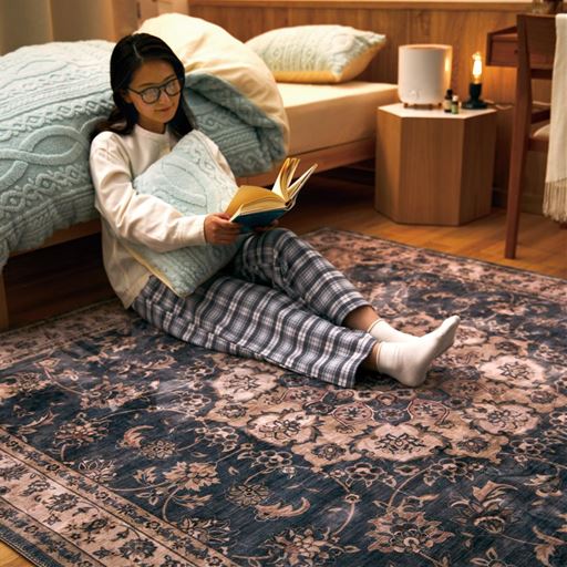 ベッドサイドにラグを敷いて、床からの冷気もかしこく遮断。