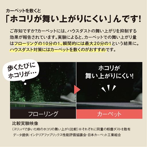 カーペットには、ハウスダストの舞い上がりを抑制する効果が報告されています。ハウスダスト対策にはカーペットを敷くのがおすすめです。