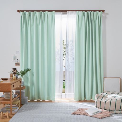 ライトグリーン 幅100×丈85cm(レース丈83cm)<br>お手頃プライス! 遮光カーテンとミラーレースカーテンのセットです。