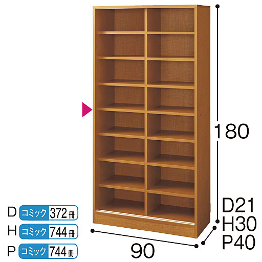 本体 D (奥行21/幅90cm)・H (奥行30/幅90cm)・P (奥行40/幅90cm)<br>▲は固定棚 ※寸法の単位はcmです。撮影の為、扉は外しています。