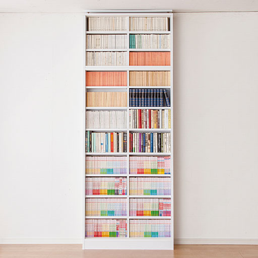 ホワイト (上から) B (奥行21/上置き幅90cm)・D (奥行21/本体幅90cm)<br>文庫本から新書、コミックまでまとめて収納できます。※撮影の為、扉は外しています。