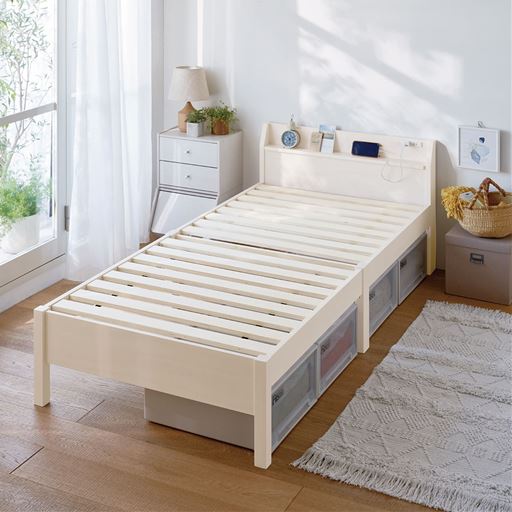 ホワイトウォッシュ シングルC (宮棚付き)<br>ネジがないから工具不要! 組み立て簡単なすのこベッドです。