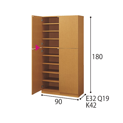 ライトブラウン 本体 Q (奥行19/幅90cm)・E (奥行32/幅90cm)・K (奥行42/幅90cm)<br>▲は固定棚 ※寸法の単位はcmです。
