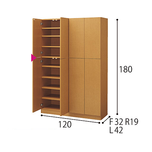 ライトブラウン 本体 R (奥行19/幅120cm)・F (奥行32/幅120cm)・L (奥行42/幅120)<br>▲は固定棚 ※寸法の単位はcmです。