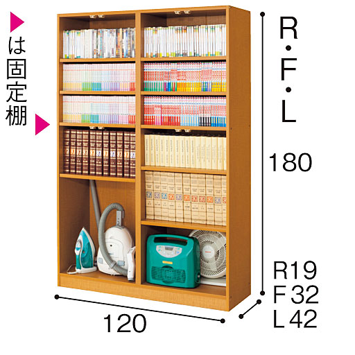 本体 内部構造 R (奥行19/幅120cm)・F (奥行32/幅120cm)・L (奥行42/幅120)<br>※寸法の単位はcmです。撮影のため扉は外しています。