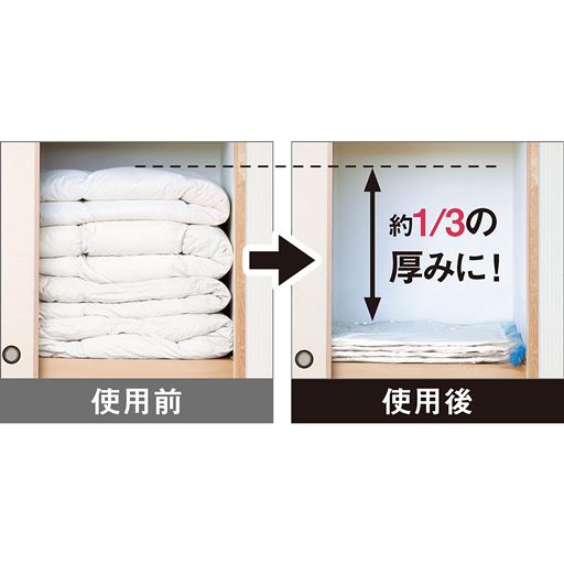 シーズン外や来客用のかさばる布団が約1/3の厚みに!<br>※写真はイメージです。布団の種類や材質により異なります。