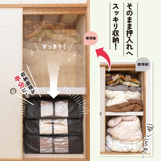 圧縮も収納も同じ袋でラクラク! そのまま押し入れへスッキリ収納!