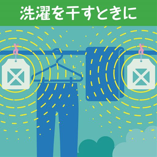 屋外のカメムシ出現場所に吊り下げ。※お手持ちの洗濯バサミやフックに掛けてご使用ください。