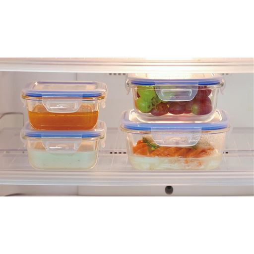 冷蔵庫の中に入っていても中身が分かりやすい。ガラス製なので色やにおいがつきにくく、汚れも落としやすいので、お手入れもラクラクです。