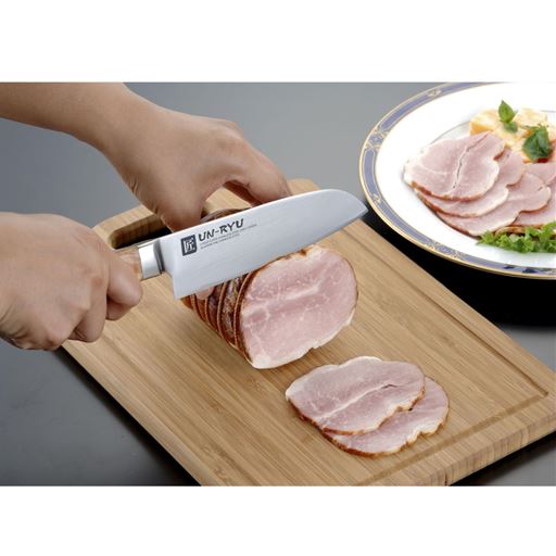 ミドル三徳包丁使用例<br>ハムも薄くキレイにスライス。