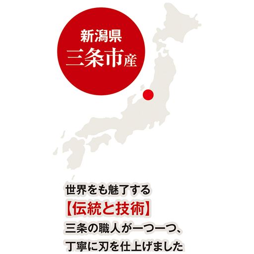新潟県三条市産<br>世界をも魅了する伝統と技術で、三条の職人が一つひとつ丁寧に刃を仕上げました。
