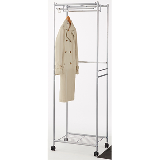 下段のバーは、後部に設置する事でロング丈の洋服を掛けるコートハンガーになります(Bのみ)。