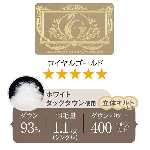 ダウンパワー400立方cm/g以上! 羽毛量たっぷり1.1kg使用(シングル)。ロイヤルゴールドラベルの商品です。