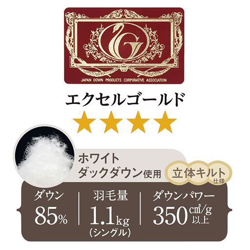 ダウンパワー350立方cm/g以上! 羽毛量たっぷり1.1kg使用(シングル)。確かな品質のエクセルゴールドラベルです。