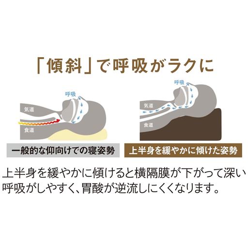 「傾斜」で呼吸がラクに<br>上半身を緩やかに傾けると横隔膜が下がって深い呼吸がしやすく、胃酸が逆流しにくくなります。