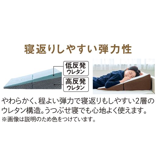 寝返りしやすい弾力性<br>やわらかく、程よい弾力で寝返りもしやすい2層のウレタン構造。うつぶせ寝でも心地よく使えます。※画像は説明のため色をつけています。