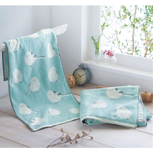 シマエナガのジャカード織タオル(無撚糸)