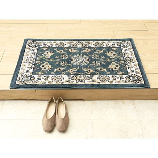 ブルー 90×60cm <br>トルコ製の華やかなウィルトン織り