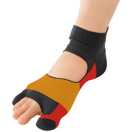 足指を効果的に開くテーピング編み (1)テーピングライン 親指からかかとまで固定し、親指を直接外側に開きます。 (2)足裏アーチライン 中足関節を引き締め足指を開くとともに横アーチを補整。