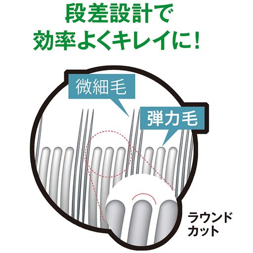 長さと太さが異なる二種類の毛が効率的に汚れを落とします。ラウンドカット仕様で歯茎への負担軽減!