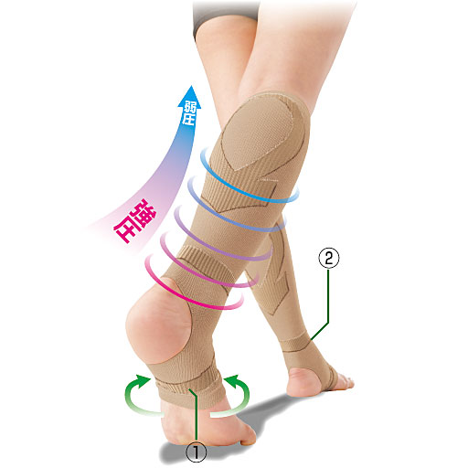 ベージュ<br>(1)アーチの持ち上げ<br>(2)足首をガッチリ固定<br>※イメージ