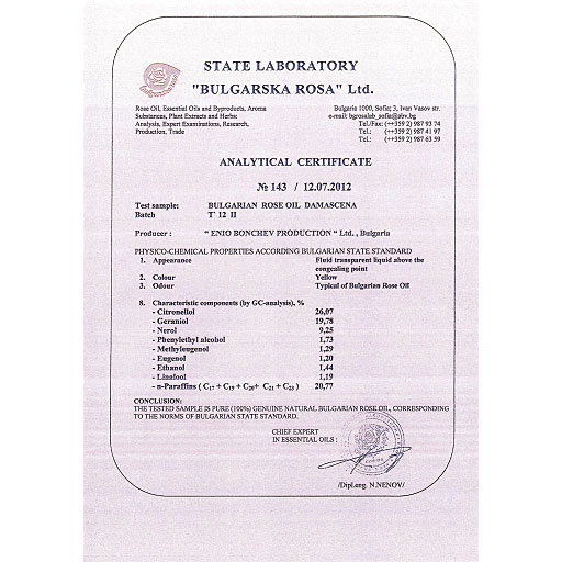 ブルガリア国立バラ研究所分析証明書