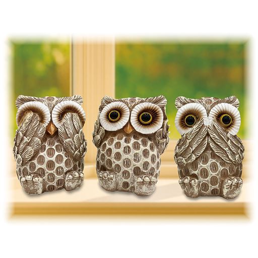 見ざる、言わざる、聞かざるの三猿をモチーフにした3羽のミミズクが、あなたの開運をサポート!職人が愛情を込めて手塗りで作っています!(左から)ふくちゃん さっちゃん みみちゃん