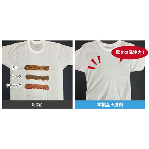 衣類の汚れ落ちの実証  3種類の汚れ(カレー・ソース・ケチャップ)をTシャツに付着させ、洗濯機で洗濯。繊維の奥までしみ込んだ汚れも1度の洗濯で目立たない状態に!