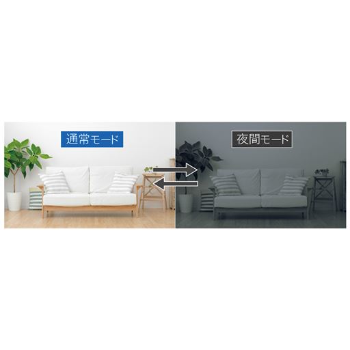 夜間撮影で暗い部屋でも撮影可能!  夜間や留守中の暗くなった部屋でも、視認しやすい映像を撮影できます。通常モードと夜間モードの切り替えや自動設定も可能!