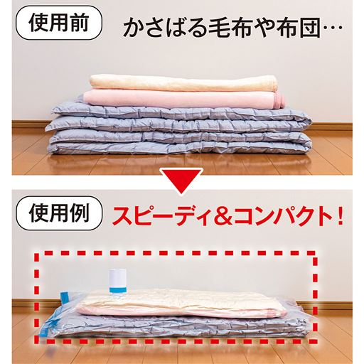 使用前<br>かさばる毛布や布団… <br>使用後<br>スピーディ&コンパクト!
