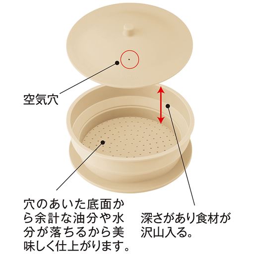 穴のあいた底面から余計な油分や水分が落ちるから美味しく仕上がります。